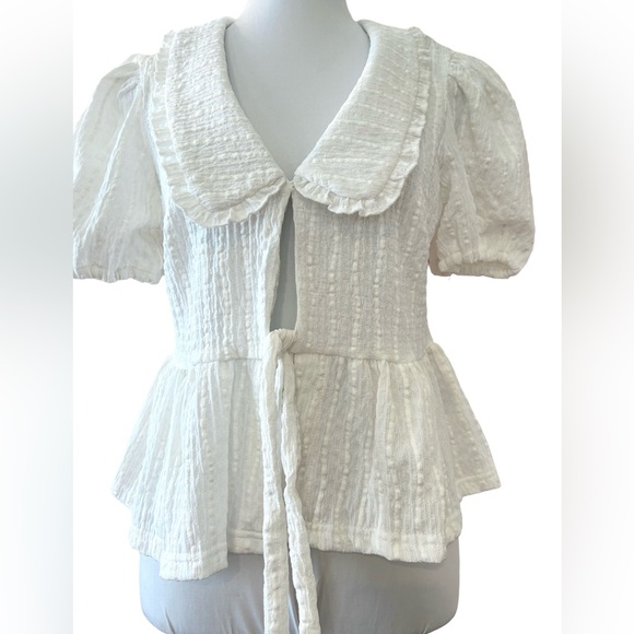 TAES Cottagecore Romantic White Peplum Blouse Peter Pan Collar Tie Front Small - Picture 4 of 10
